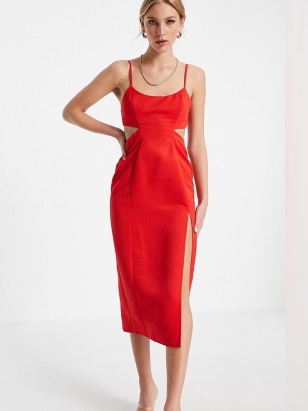 ASOS Red Midi Sheath Dress with Side Cutouts and Slit